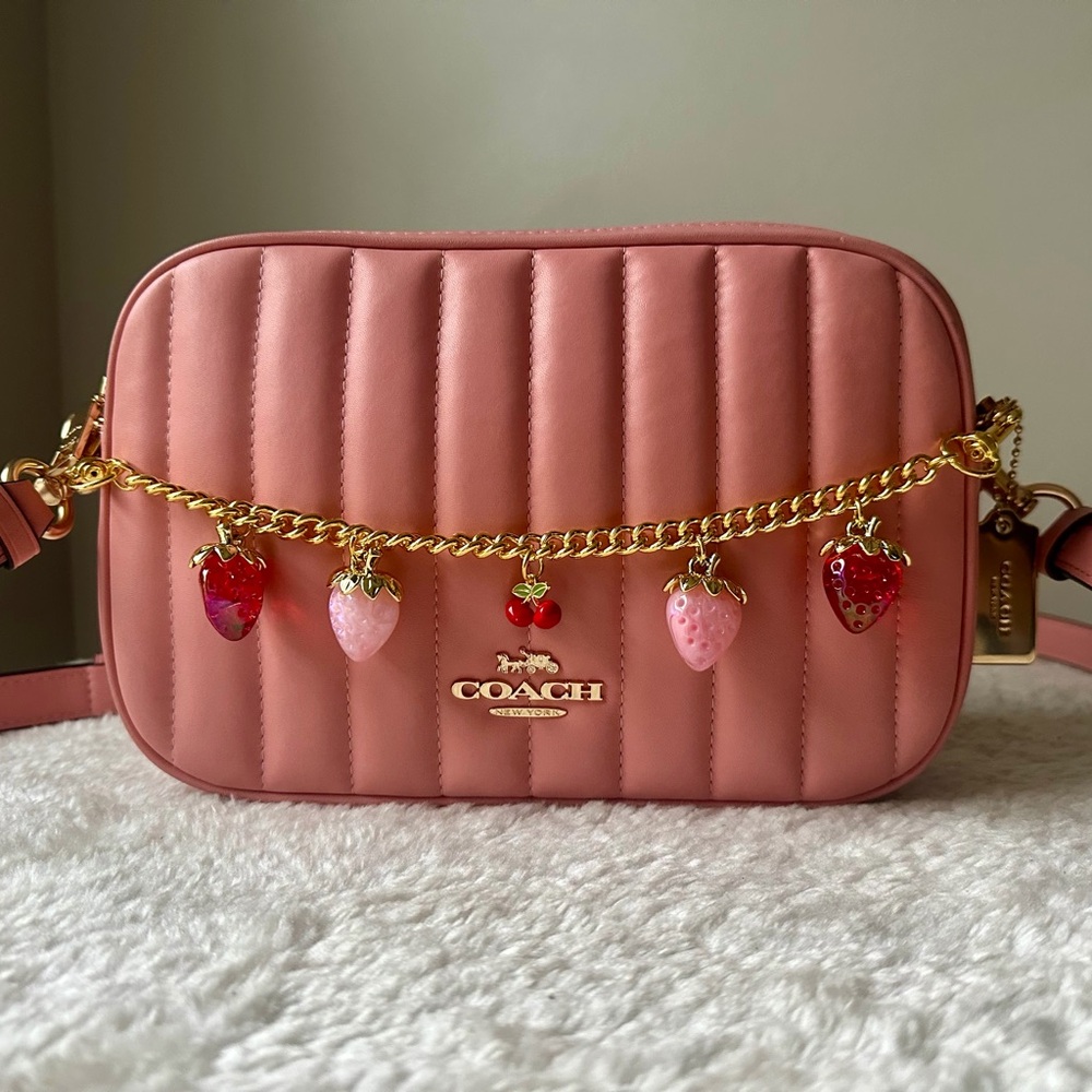 Coach Jes quilted crossbody bag in pink with strawberry chain charm